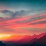 mountains, sunset, sky, fog, clouds, light, nature, sunrise, red, evening, purple, orange, dawn, landscape, chestnut, calm, pastel colors, romantic, loneliness, quiet