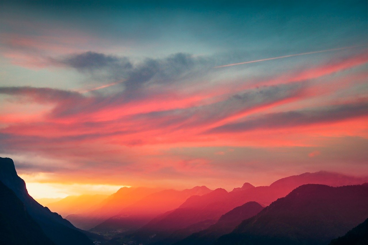 mountains, sunset, sky, fog, clouds, light, nature, sunrise, red, evening, purple, orange, dawn, landscape, chestnut, calm, pastel colors, romantic, loneliness, quiet